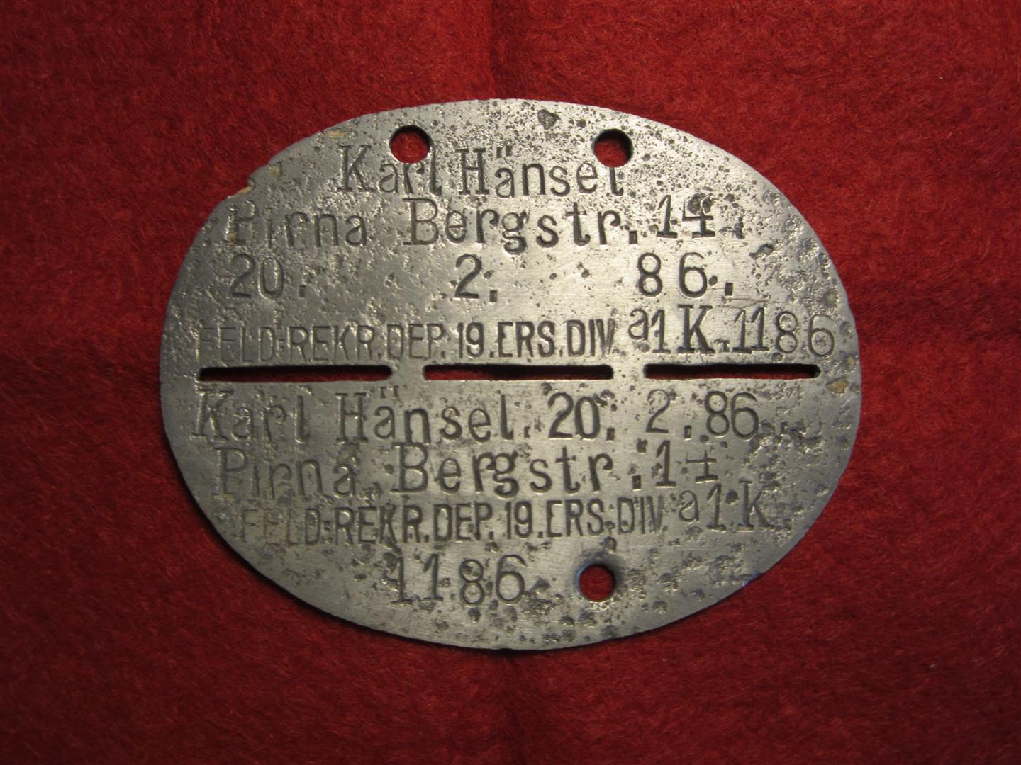 WW1 German Feld Recruitment Depot Dog Tag